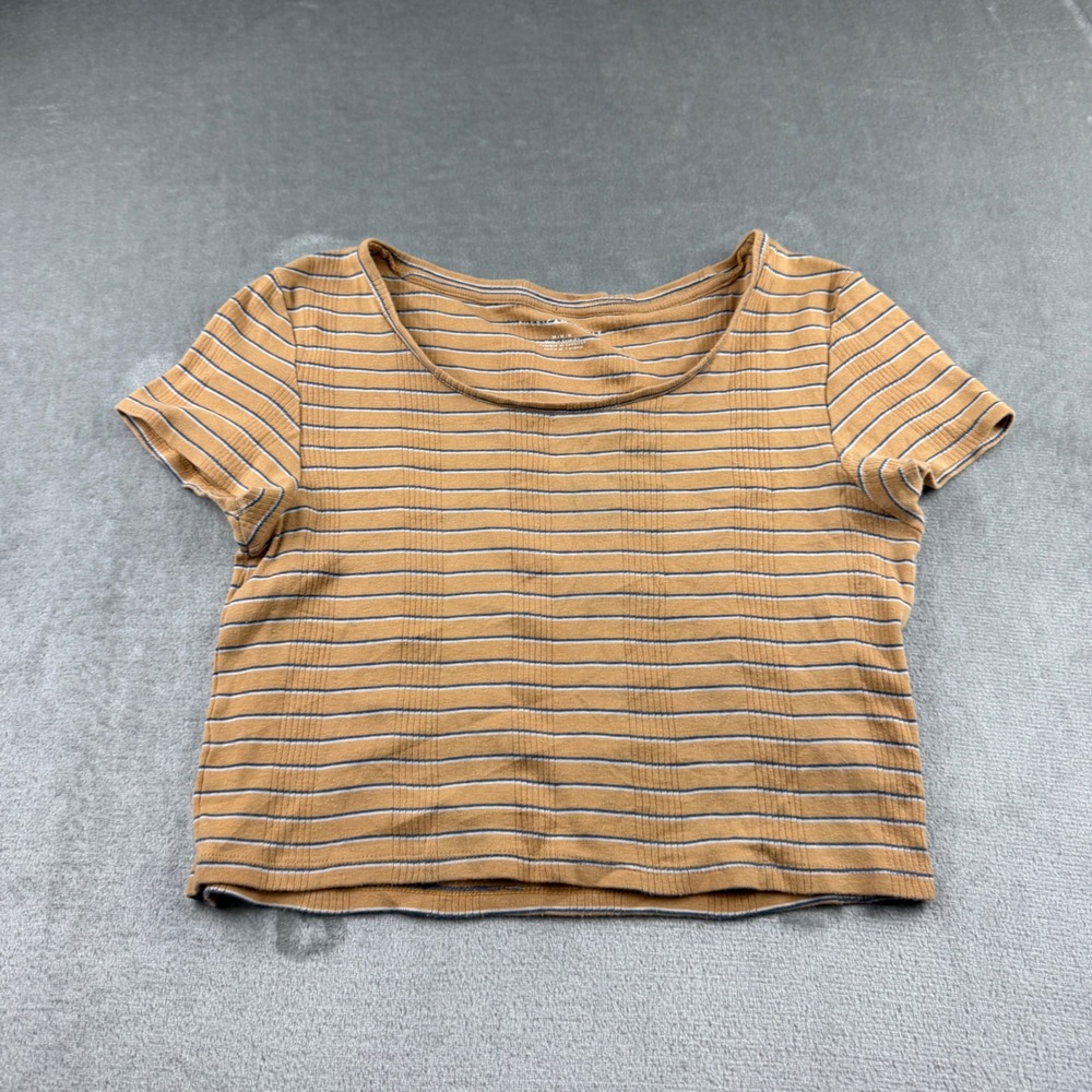 American Eagle Crop Top Womens Medium Tan Striped Ribbed Short Sleeve Scoop Neck